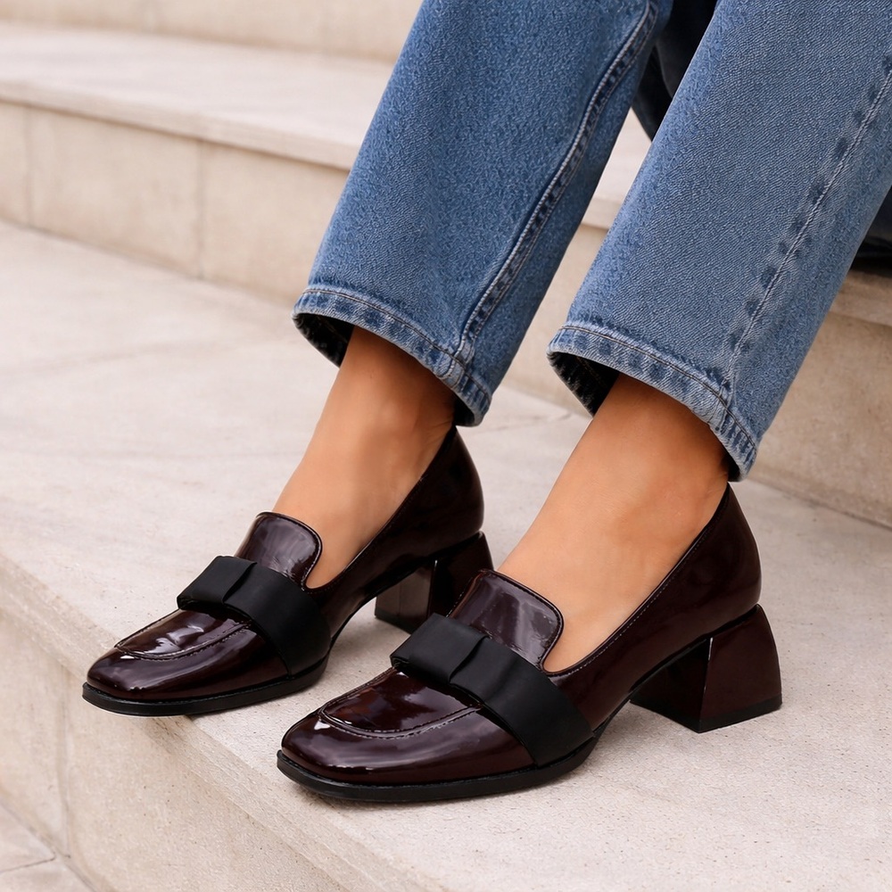 Dark Burgundy Patent Loafers – Sculptural Heel – EU 38 – Worn once